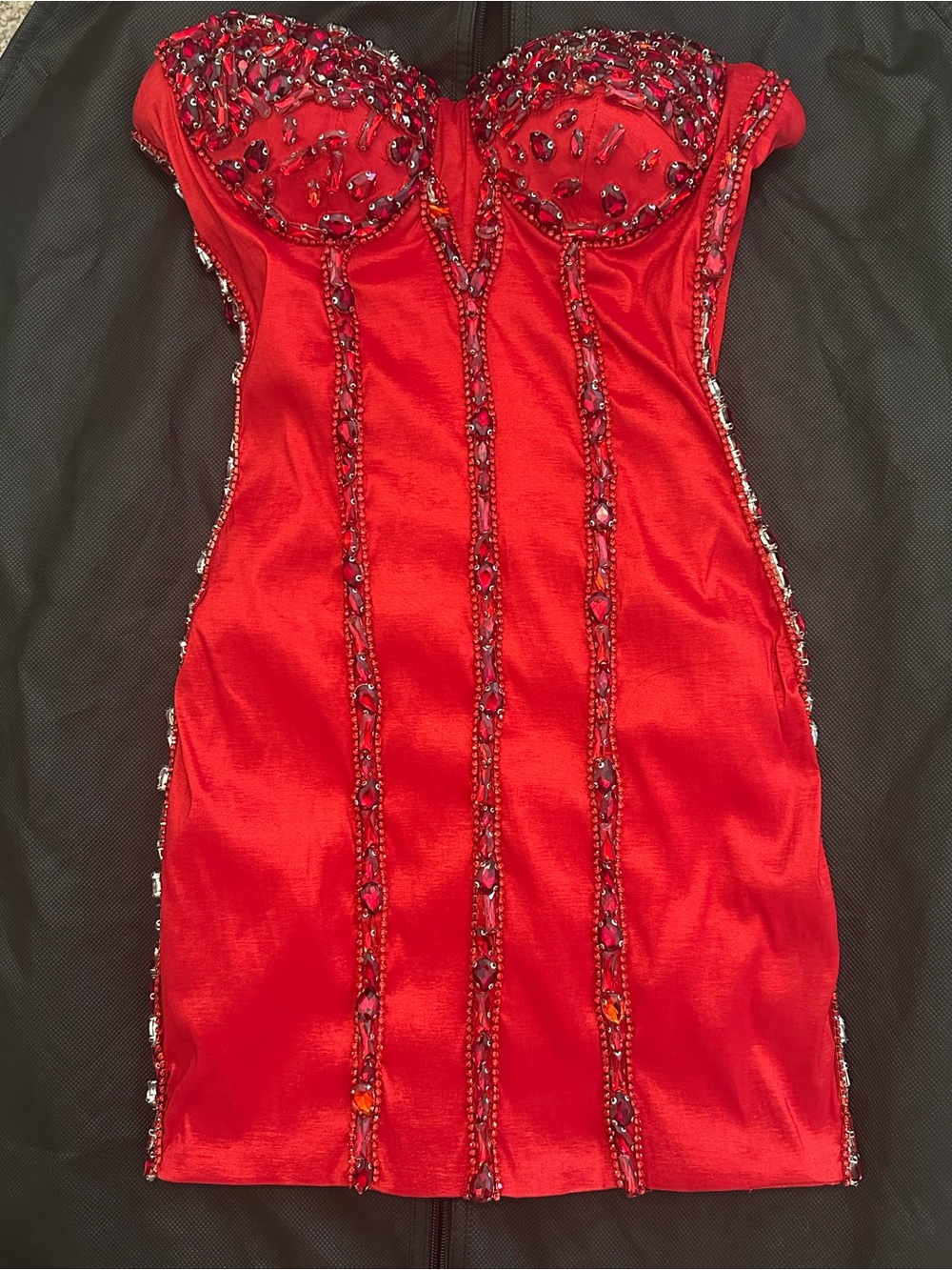 Albina Dyla Short Corset Dress w/Stones, Strapless Beaded Red Cocktail Small